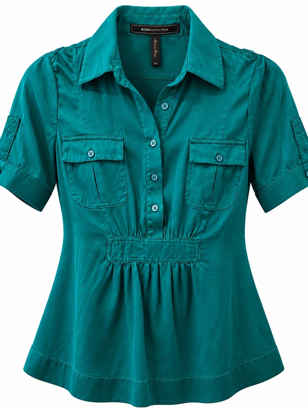 BCBGMAXAZRIA Satin Blouse Shirt Top with Button Details Green Teal Size XS